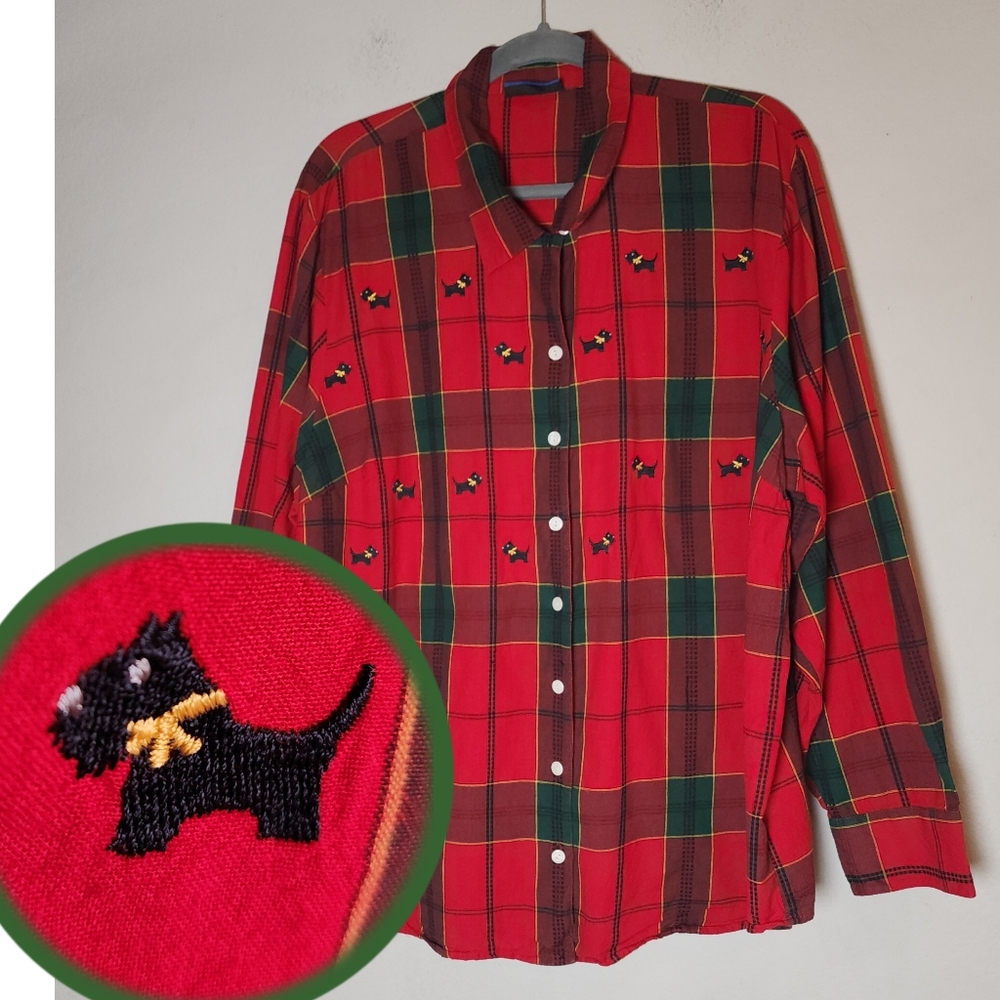 Scottie Dog Embroidered Christmas Plaid Long Sleeve Button Shirt Karen Scott